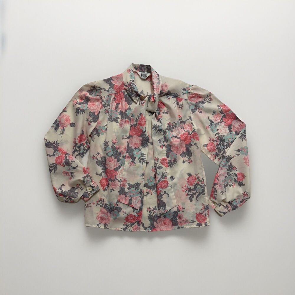Cricket Lane Women's Blouse Secretary Bow Long Sleeve Floral Top Flowers Vintage
